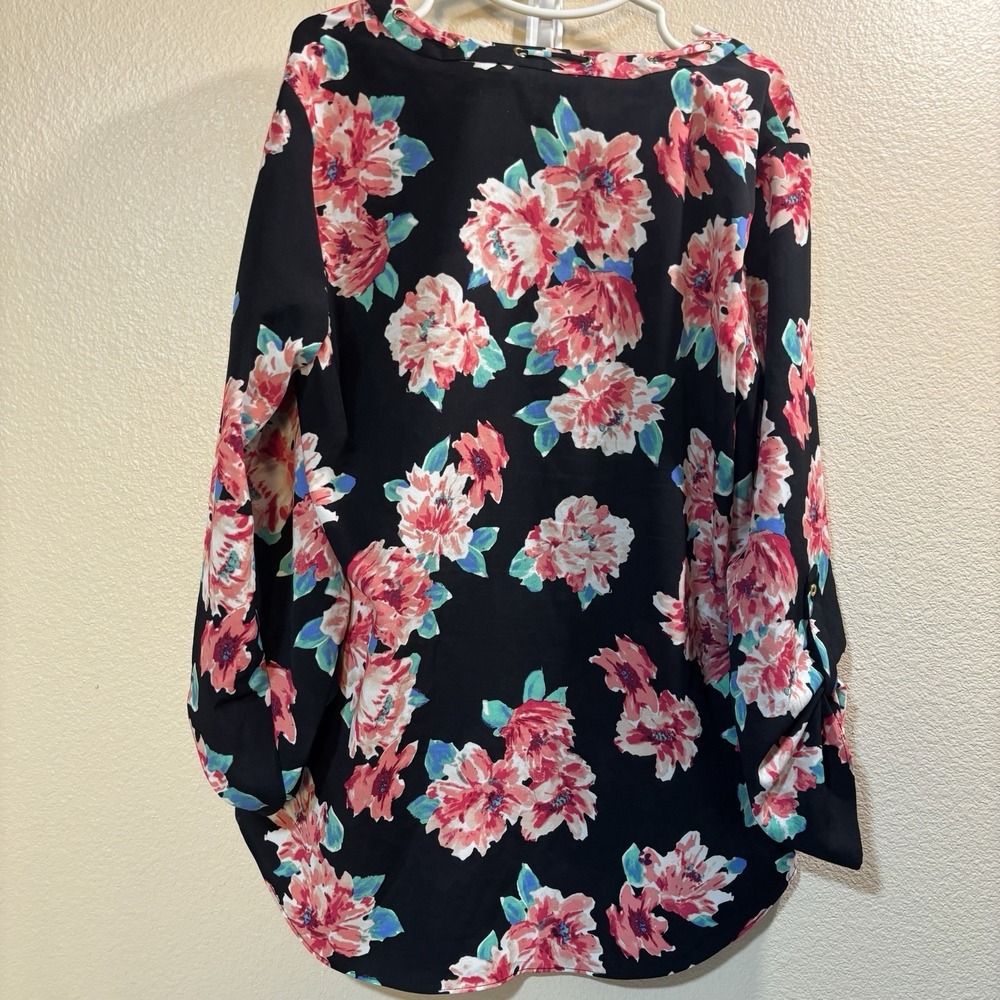 Ellen Tracy Floral Pink Rose Career Blouse Top Shirt Long Sleeve Tie Top Size L - Picture 6 of 14